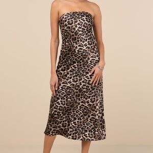 Lulus Effortless Bliss Leopard Satin Strapless Cowl Back Midi Dress Brown